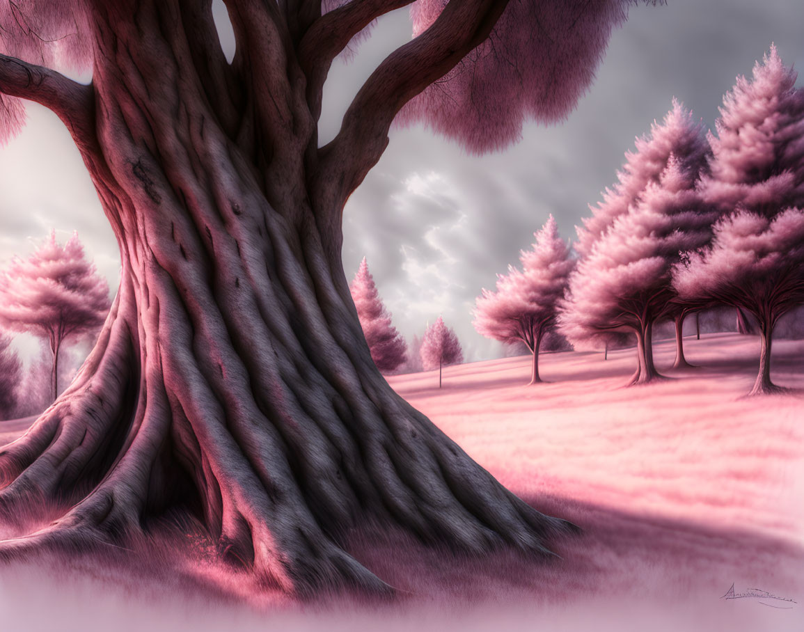 Surreal landscape with oversized tree and pink foliage