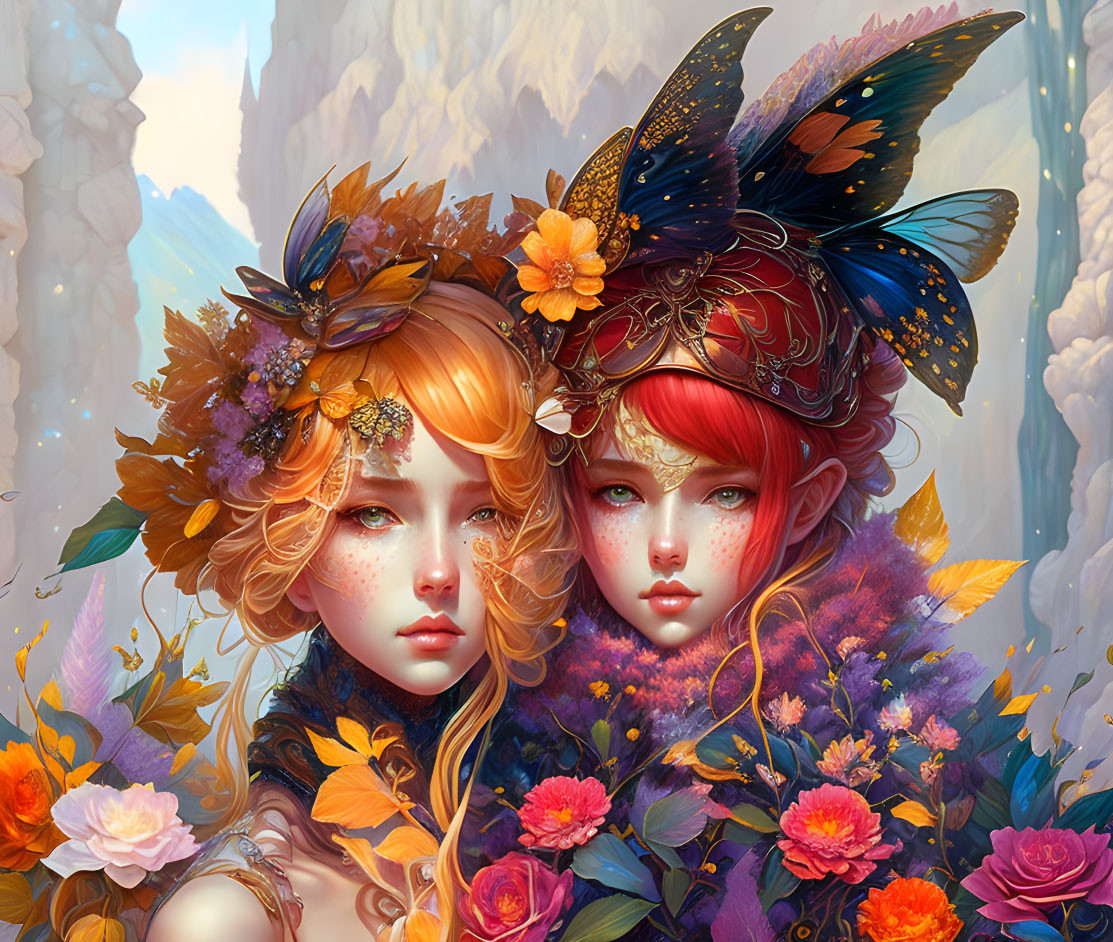 Fantasy female characters with floral and butterfly hair adornments in vibrant floral backdrop