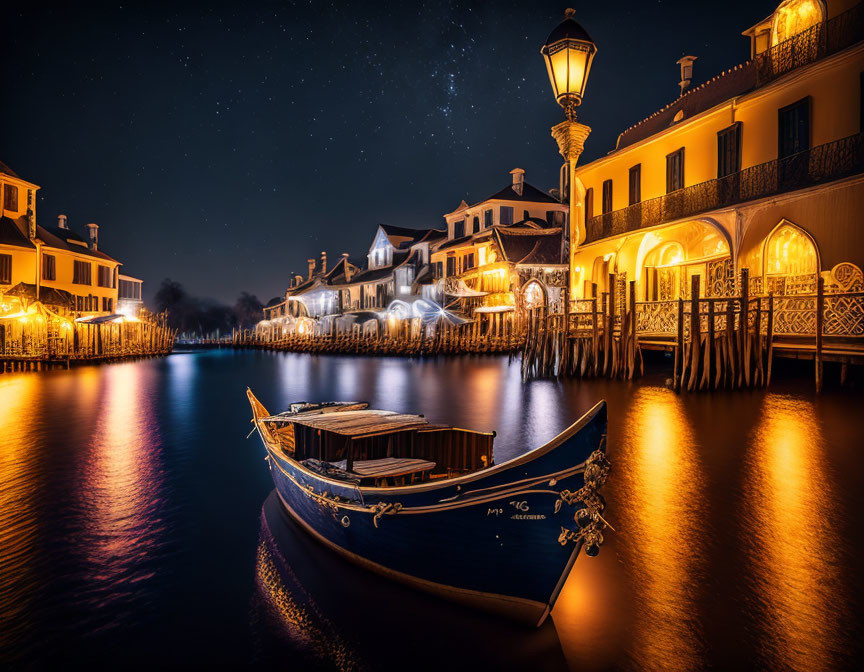 Tranquil night cityscape with boat on calm water