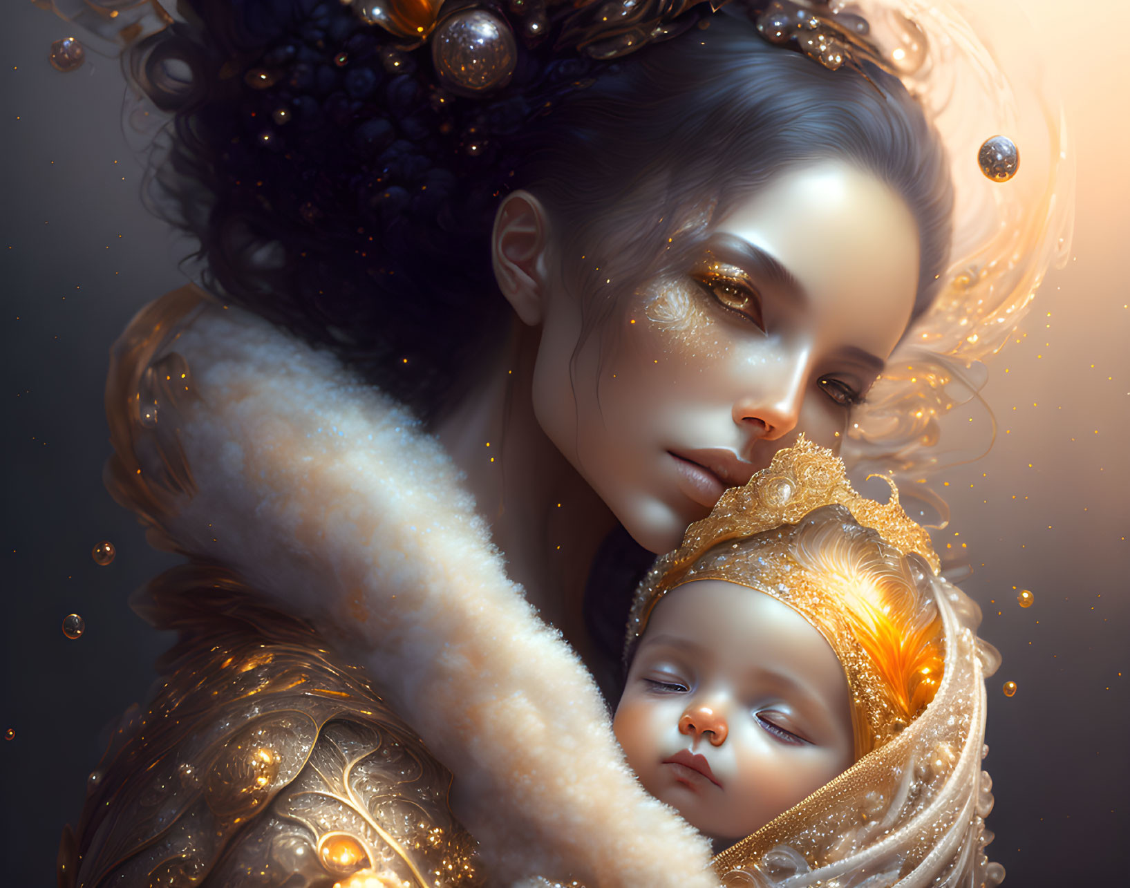 Detailed digital artwork: Woman in gold and white attire with sleeping infant, glowing orbs, intricate details