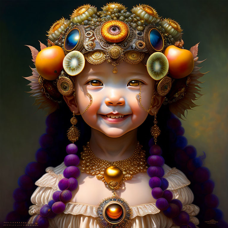 Smiling child with intricate gemstone headdress