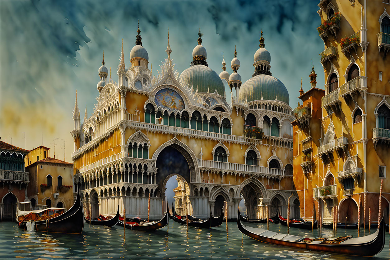 Venetian Palace with Arched Windows Overlooking Canal