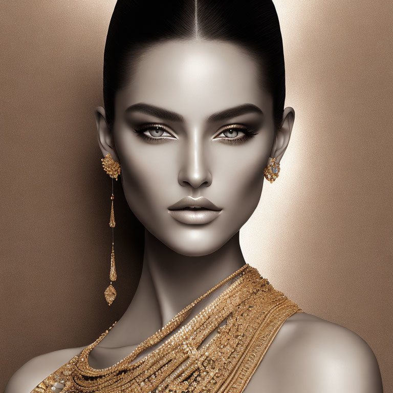 Woman Portrait with Sleek Hair, Smoky Makeup & Gold Jewelry on Golden Background