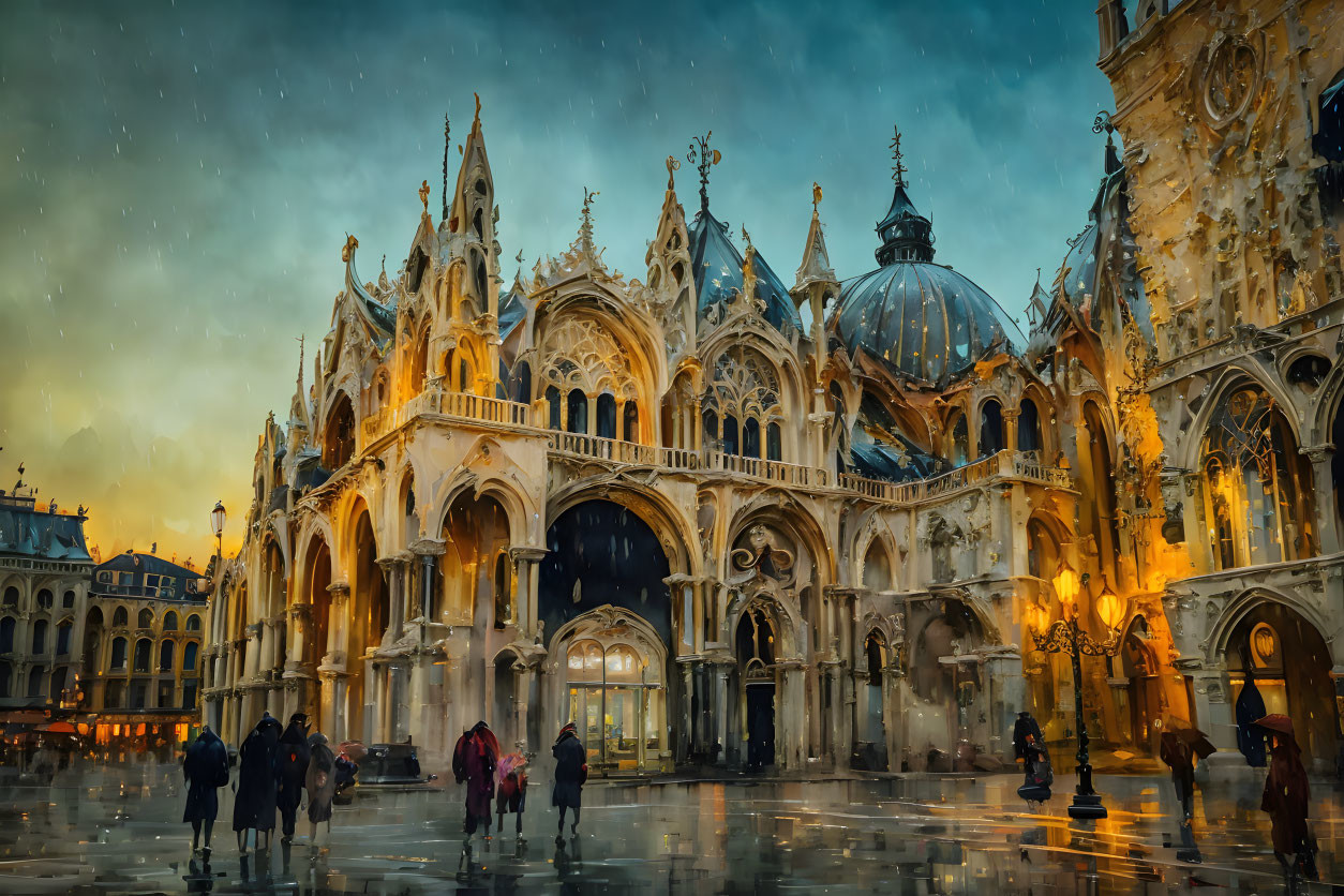 Gothic Style Architecture Night Scene with Rain and Pedestrians