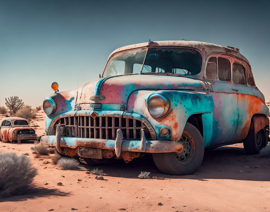 Abandoned vintage car in desert with weathered exterior