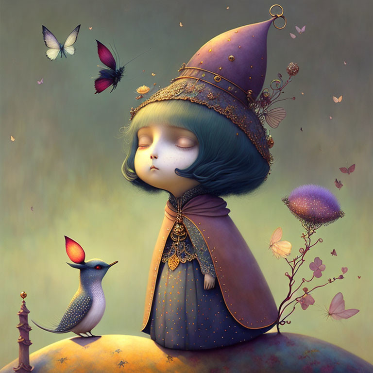 Child in purple cloak surrounded by butterflies and bird in whimsical illustration