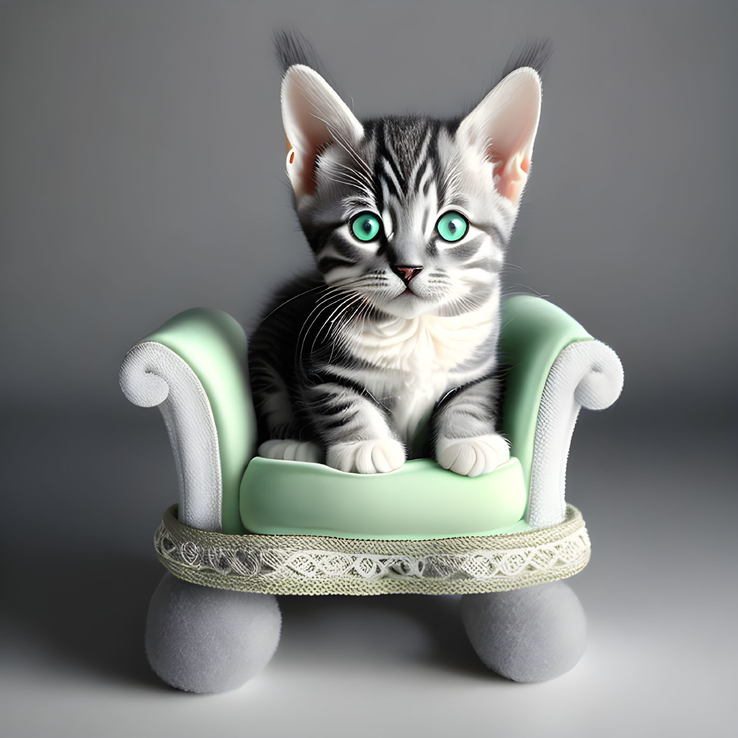 Gray Tabby Kitten with Green Eyes on Green Chair