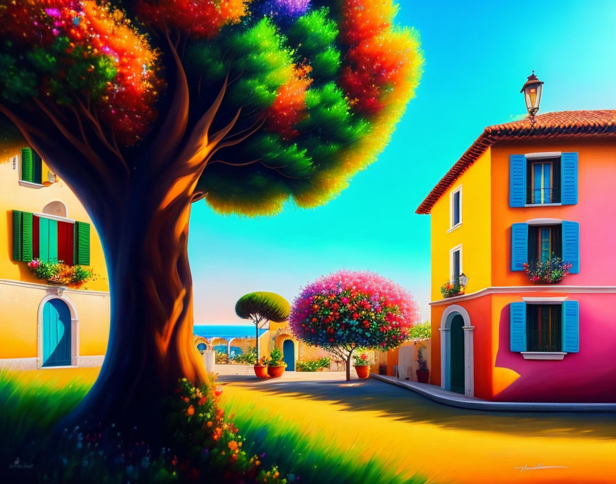 Colorful painting of quaint street with bright houses, flowering trees, and sunny sky.