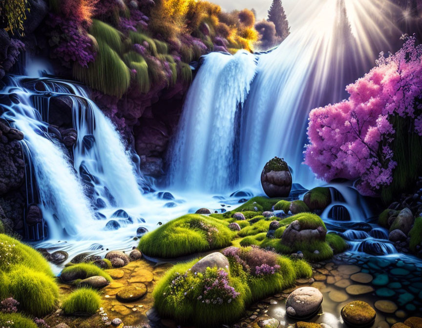 Serene waterfall in vibrant landscape with moss-covered stones