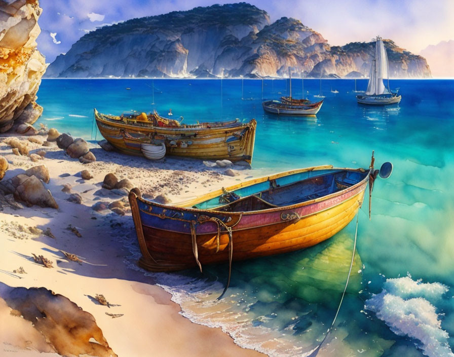 Scenic beach with wooden boats, clear water, sandy shore, and mountains