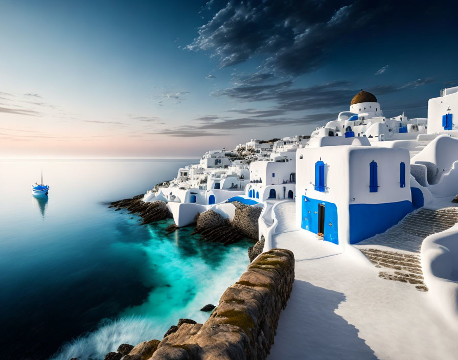 Picturesque Santorini Cliffside with White Buildings and Blue Doors