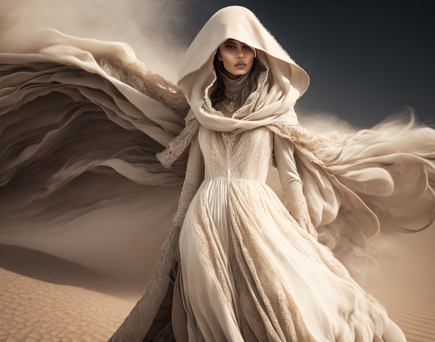 Person in Beige Outfit with Hood Standing Dramatically in Desert