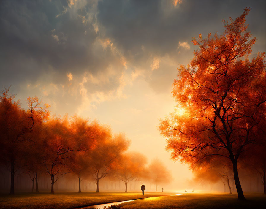 Person walking among fiery orange trees under dramatic sky with sun rays.