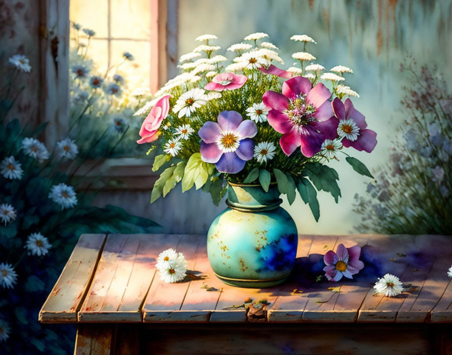 Pink and White Flowers in Teal Vase on Wooden Table with Sunlight and Daisies