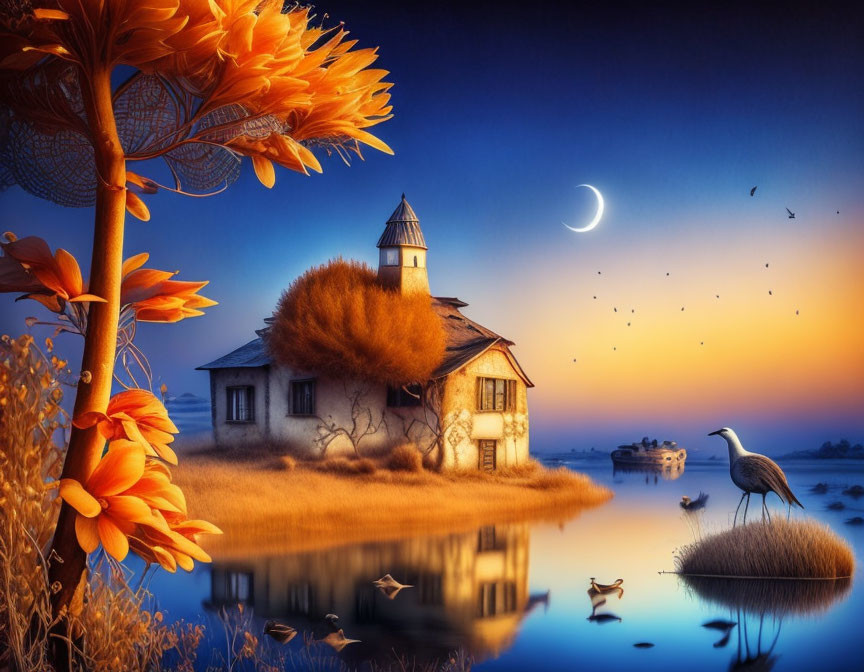 Fantasy house by lake with moon, birds, and heron in twilight scene