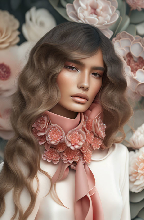 Portrait of person with wavy hair in floral outfit against creamy roses