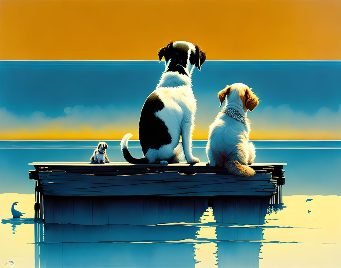 Two Dogs, Cat on Jetty Overlooking Calm Water and Colorful Sky