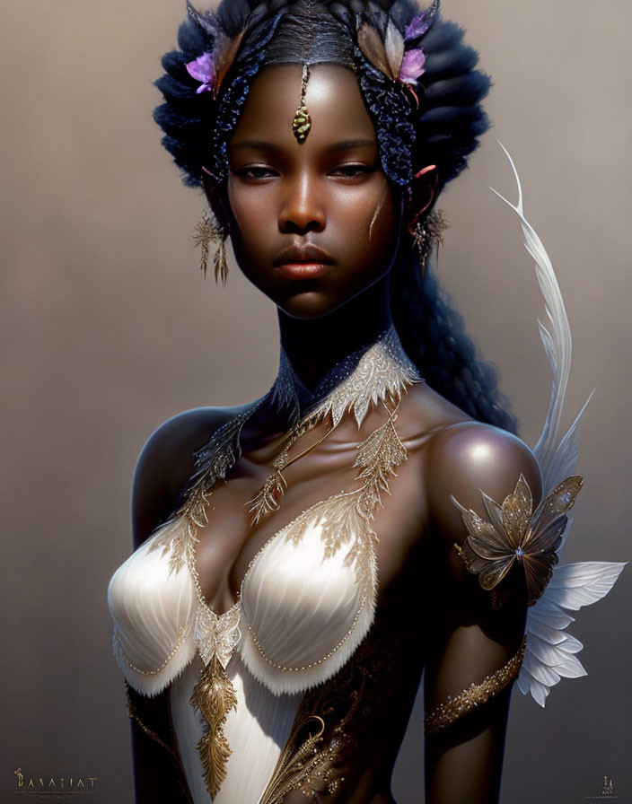 Fantasy-themed digital artwork of a woman in intricate attire with feathers, gold details, and a butterfly