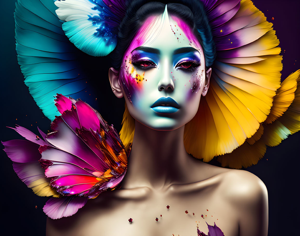 Colorful portrait with butterfly makeup and feathers on dark backdrop