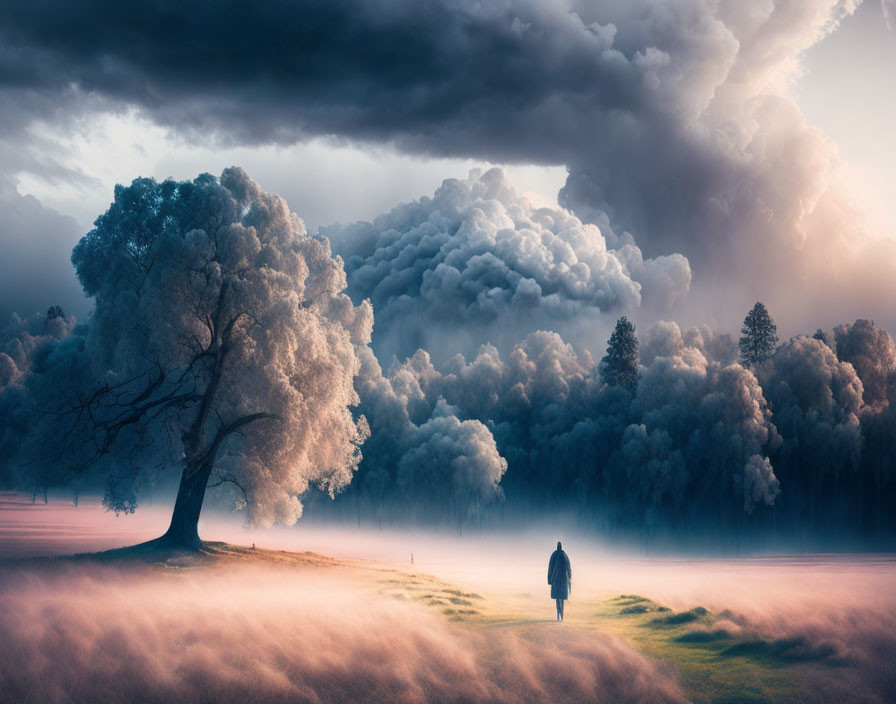 Solitary figure walking towards large tree in misty landscape