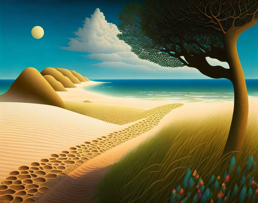 Surreal painting of barren desert, lush coastline, lone tree under clear sky.