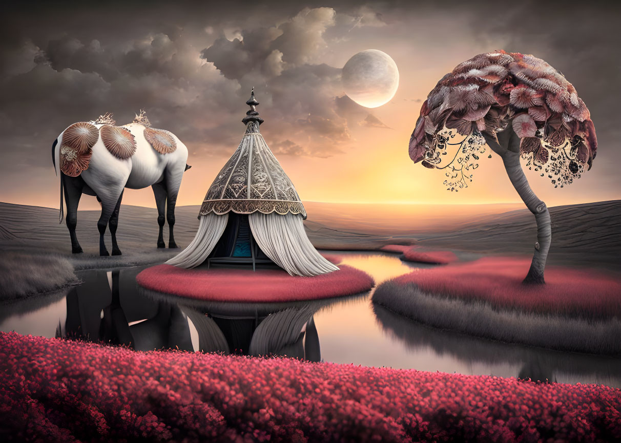 Surreal landscape featuring horses, ornate tent, winding river, crimson flora, unique tree,