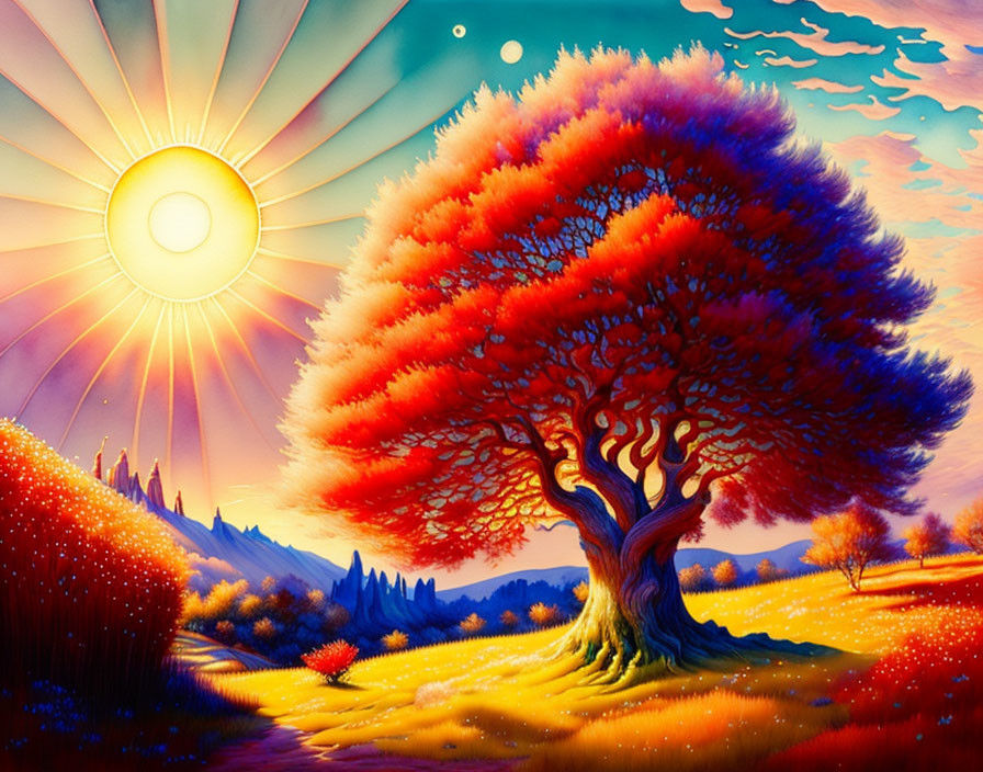 Colorful painting of lush tree under radiant sun and dreamlike sky