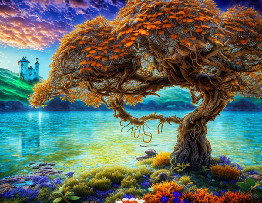 Twisted tree with orange leaves by vibrant lakeshore and castle under sunset sky