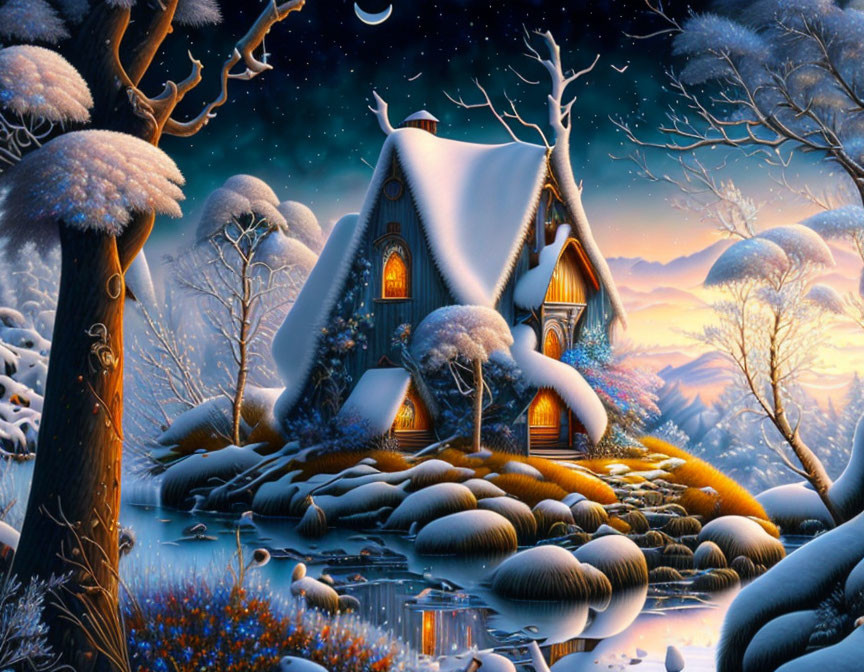 Snowy cottage in serene dusk landscape with starry sky and river