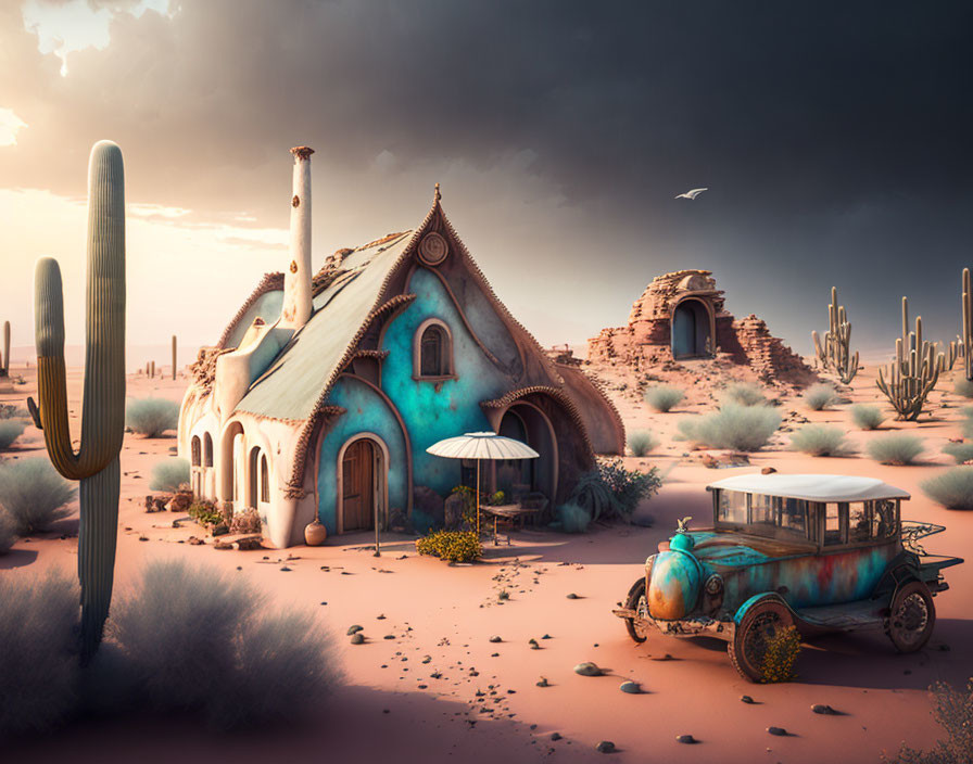 Quirky blue house and vintage car in whimsical desert scene