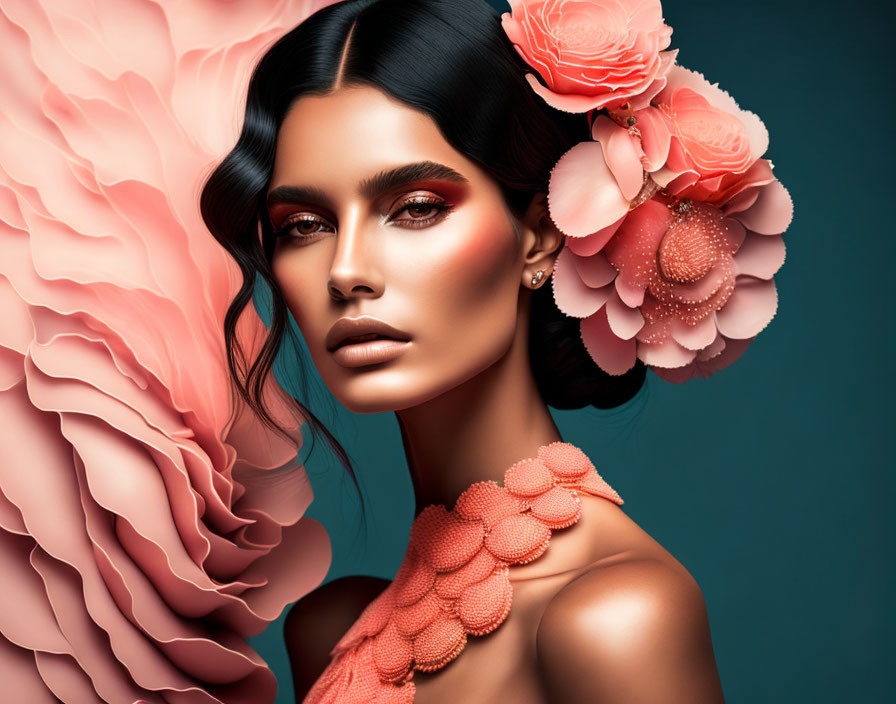 Woman with Striking Makeup and Dark Hair Adorned with Coral Flowers