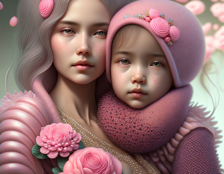 Illustration of Woman and Child in Matching Pink Floral Attire Among Soft Pink Blooms