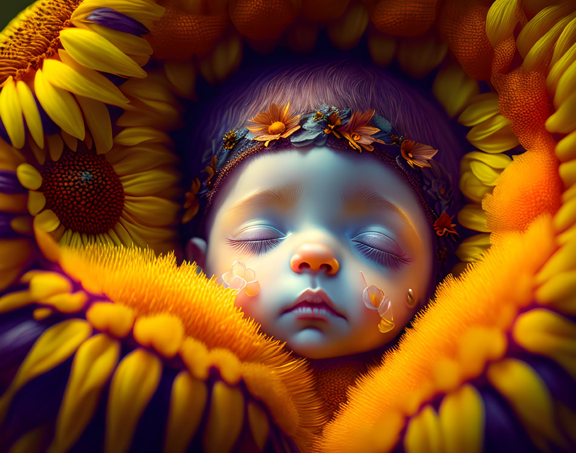 Sleeping baby surrounded by sunflowers and butterflies.