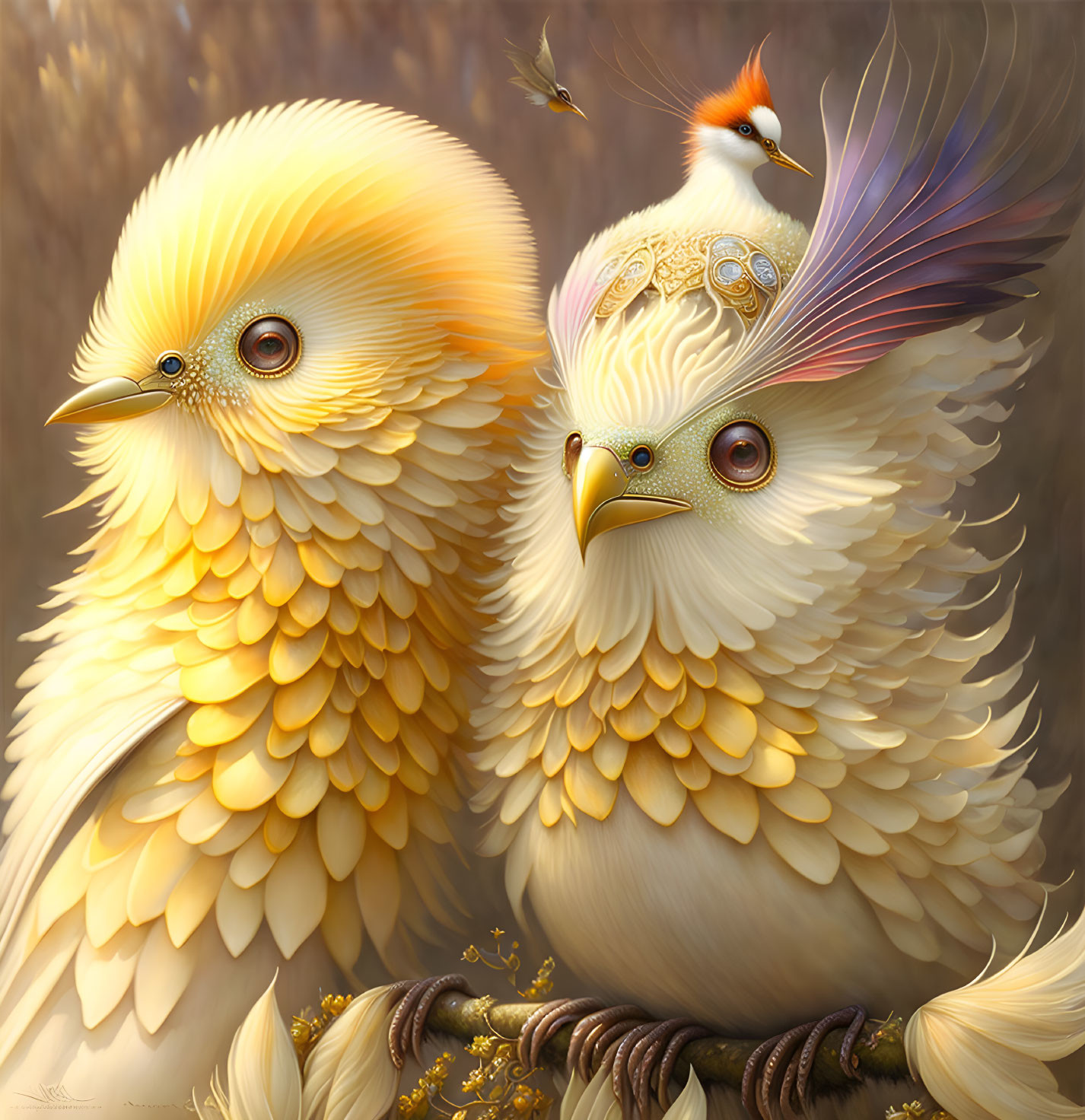 Ornate fantastical birds with intricate feather patterns and jewel-like eyes on branch