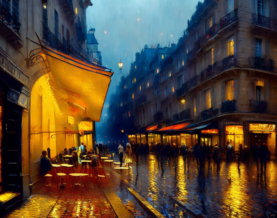 Rainy evening scene with illuminated street and café terraces on wet cobblestones