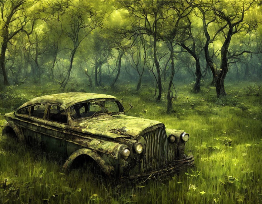 Rusted car abandoned in lush green forest