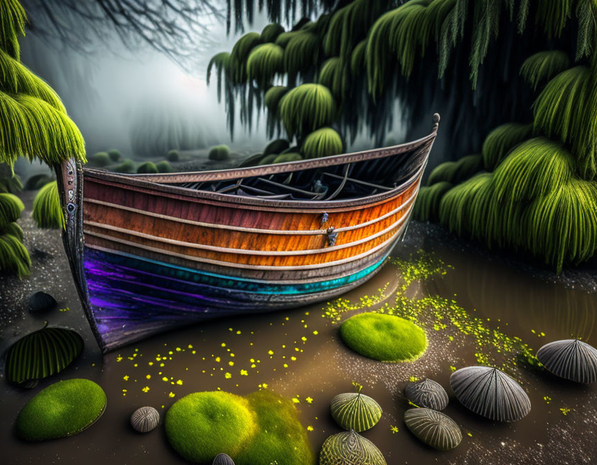 Colorful Wooden Boat on Tranquil River with Moss-Covered Stones and Weeping Willow Trees