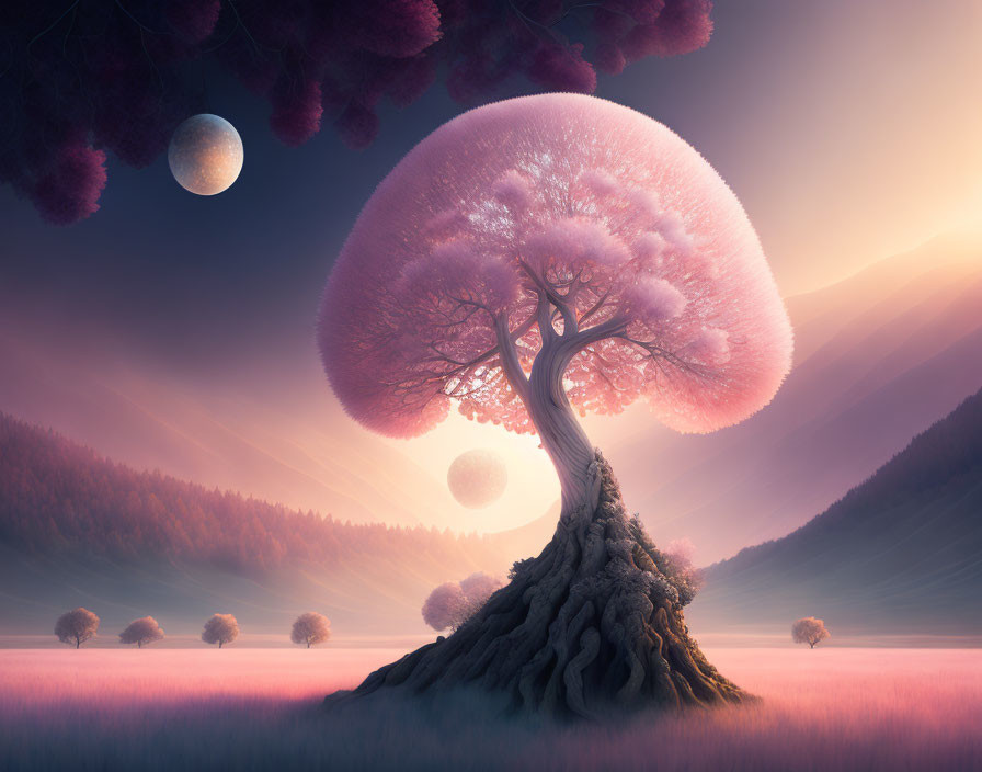 Majestic blooming tree in surreal landscape with two moons