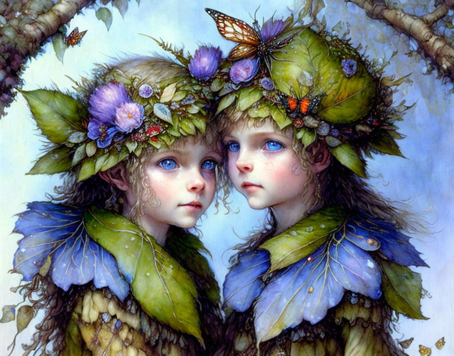 Fairy children with wings and floral crowns under butterfly and branches