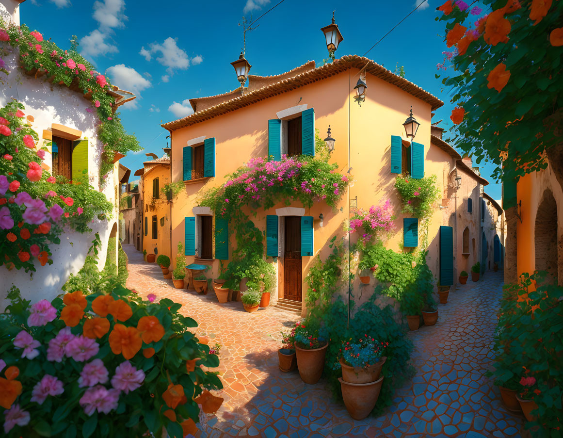 Charming cobblestone alley with terracotta-roofed houses and vibrant flowers