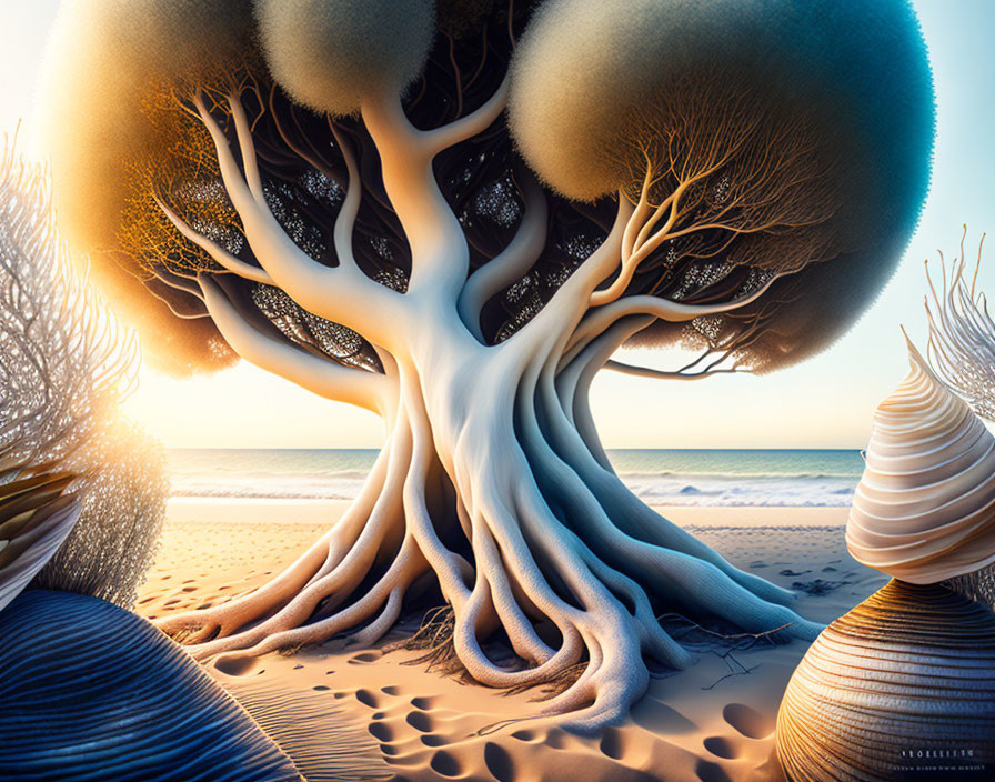 Surreal beach scene with whimsical tree and oversized seashells