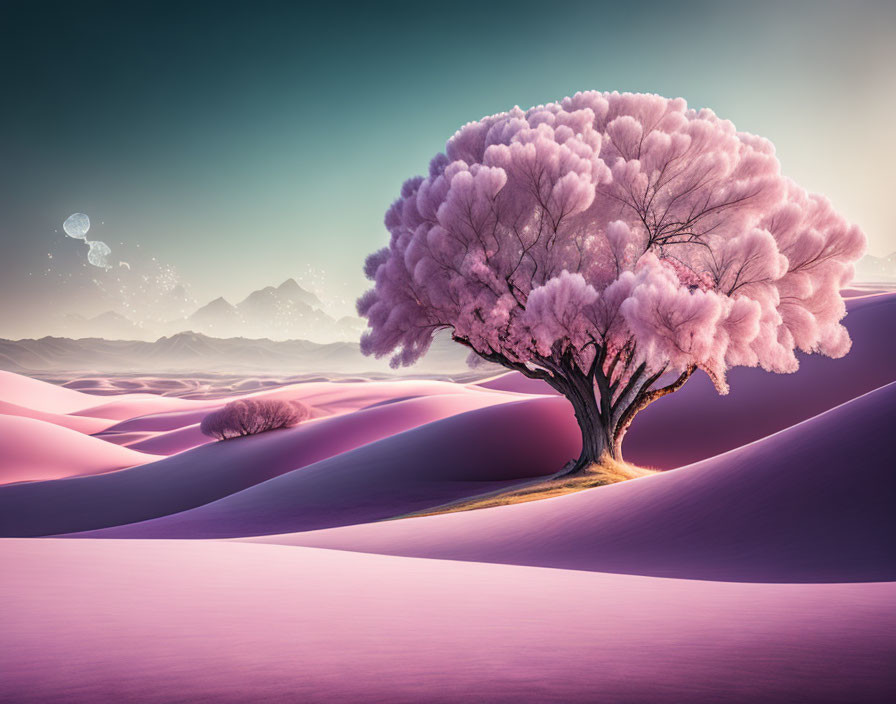 Vibrant pink cherry blossom tree in surreal landscape