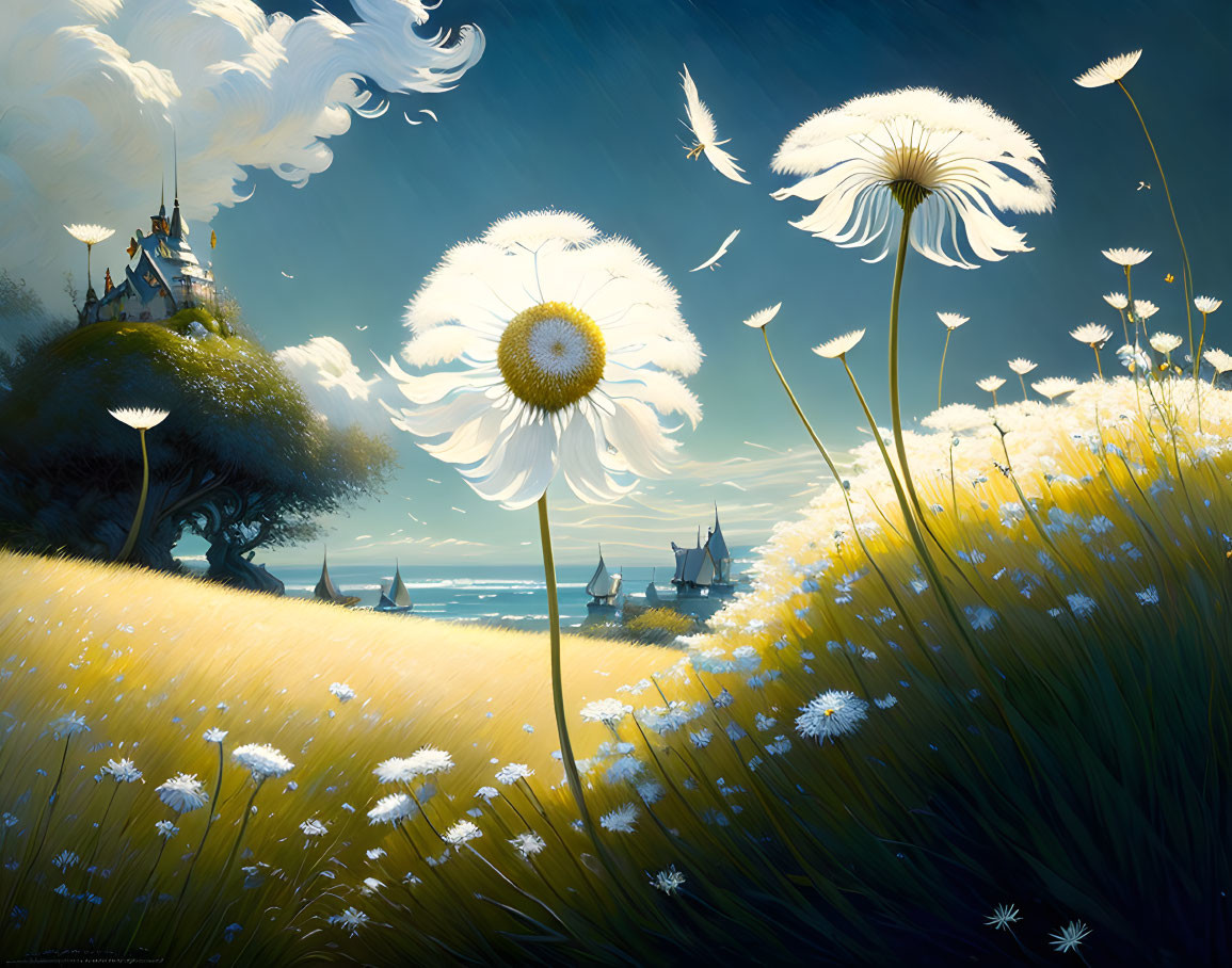 Golden field with oversized dandelions, sailboats, castle, and dynamic sky