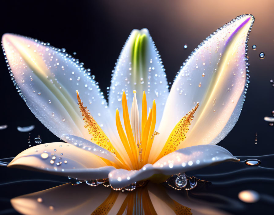 White water lily with dewdrops on petals against dark water.