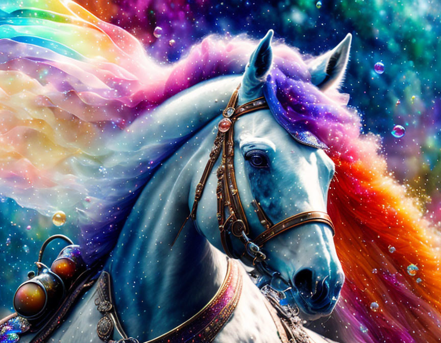 Colorful cosmic horse with vibrant mane in fantastical scene