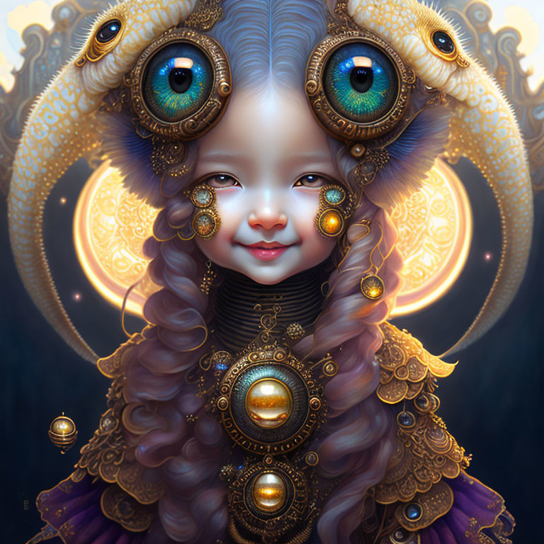 Child with expressive blue eyes and ornate golden headdress in whimsical illustration