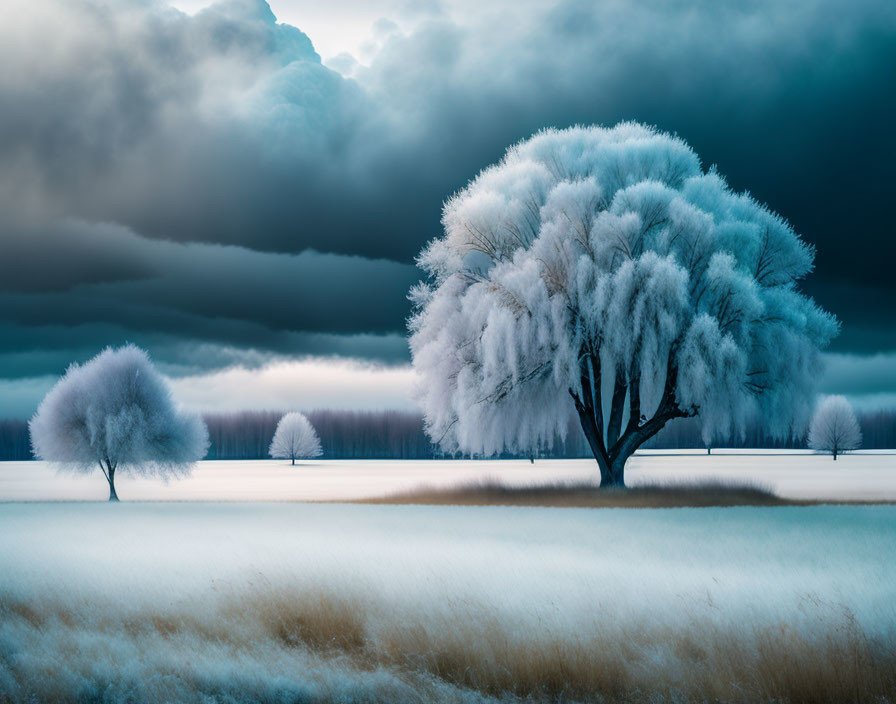 Frost-covered landscape with two trees under dramatic sky