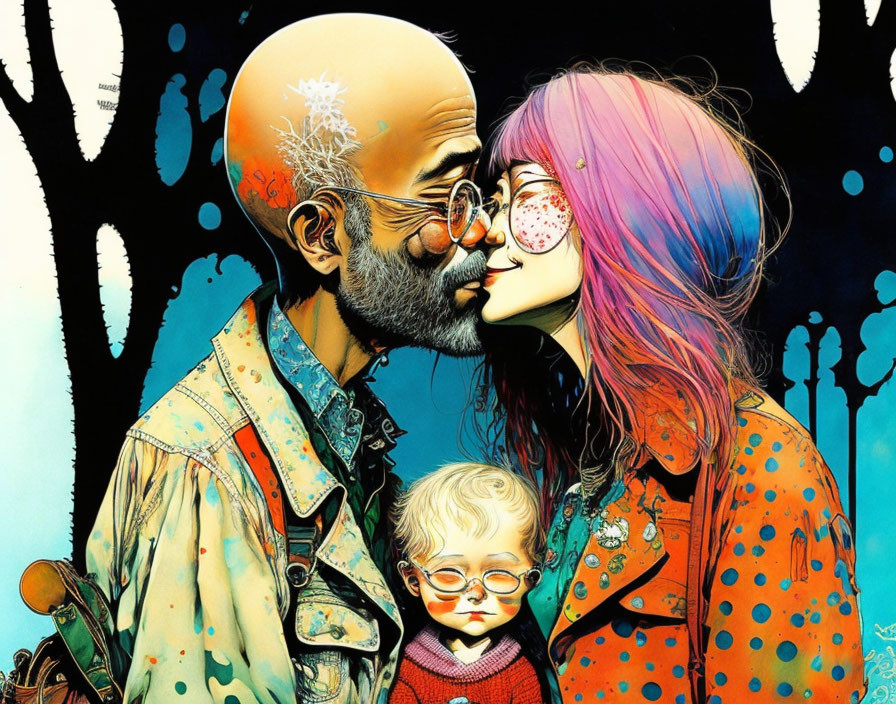 Vibrant illustration of bespectacled couple with child, whimsical background