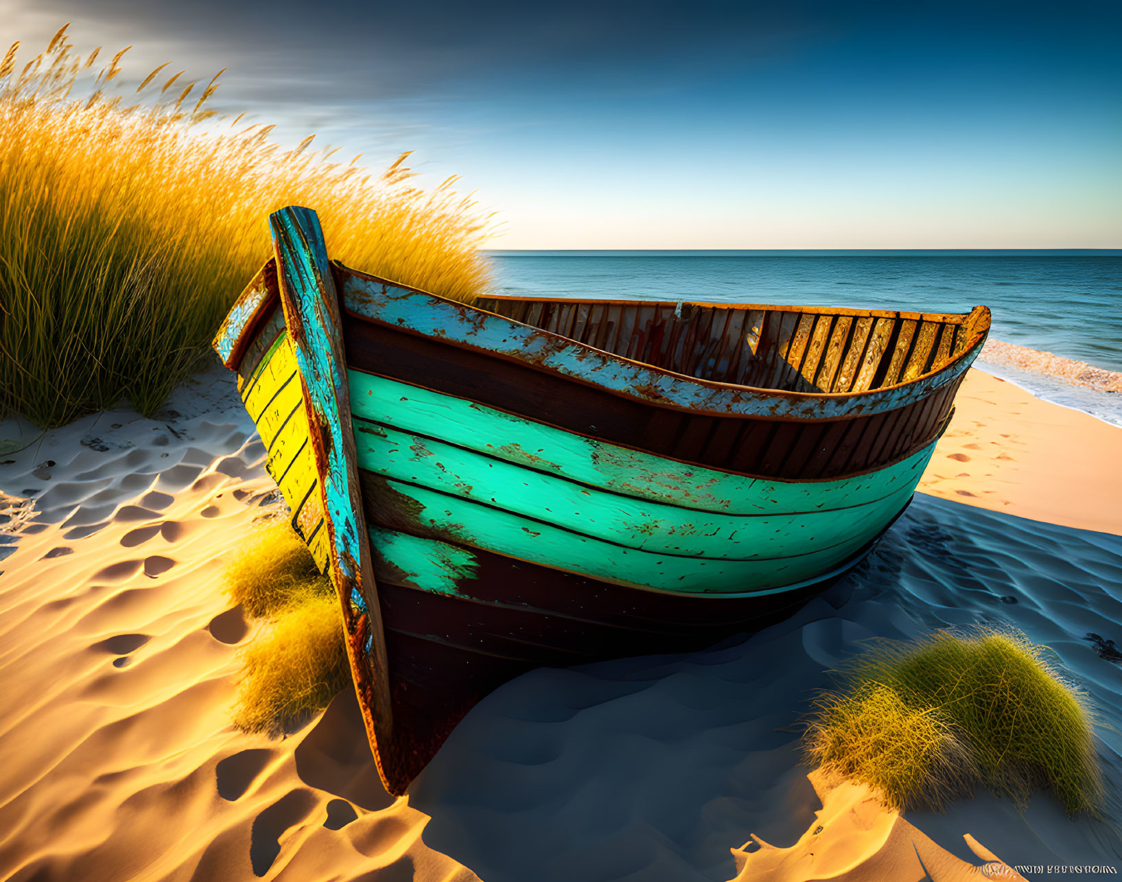 Turquoise and Brown Wooden Boat on Sandy Beach at Sunset