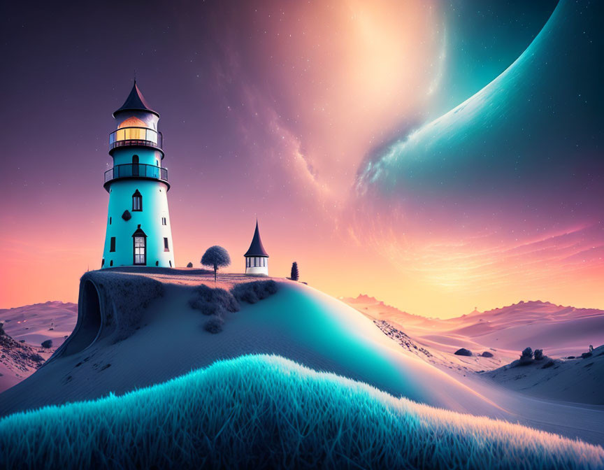 Surreal landscape with glowing lighthouse on sand dune under starry sky